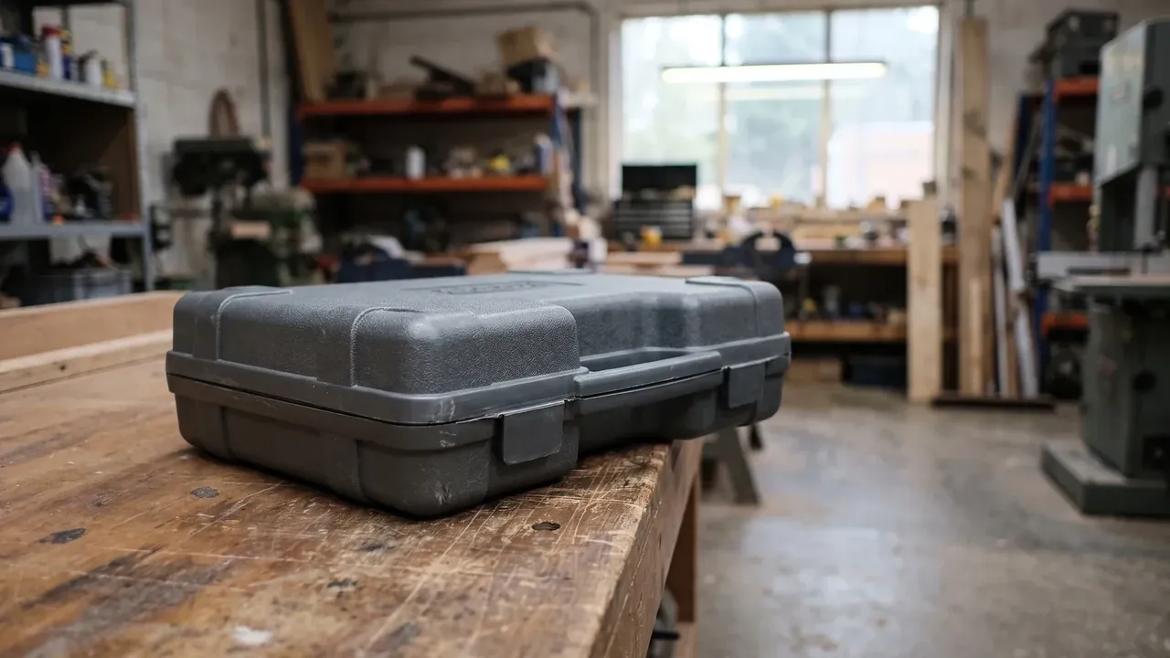 Foam Cutting: a closed grey case on a scarred bench, two front latches, a blurred workshop with an orange rack behind