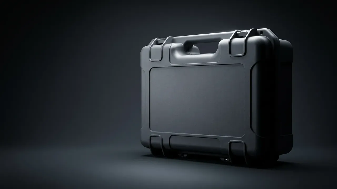 Foam Cutting: a closed black case angled in near darkness, two latches on each side, blank front panel, soft floor shadow