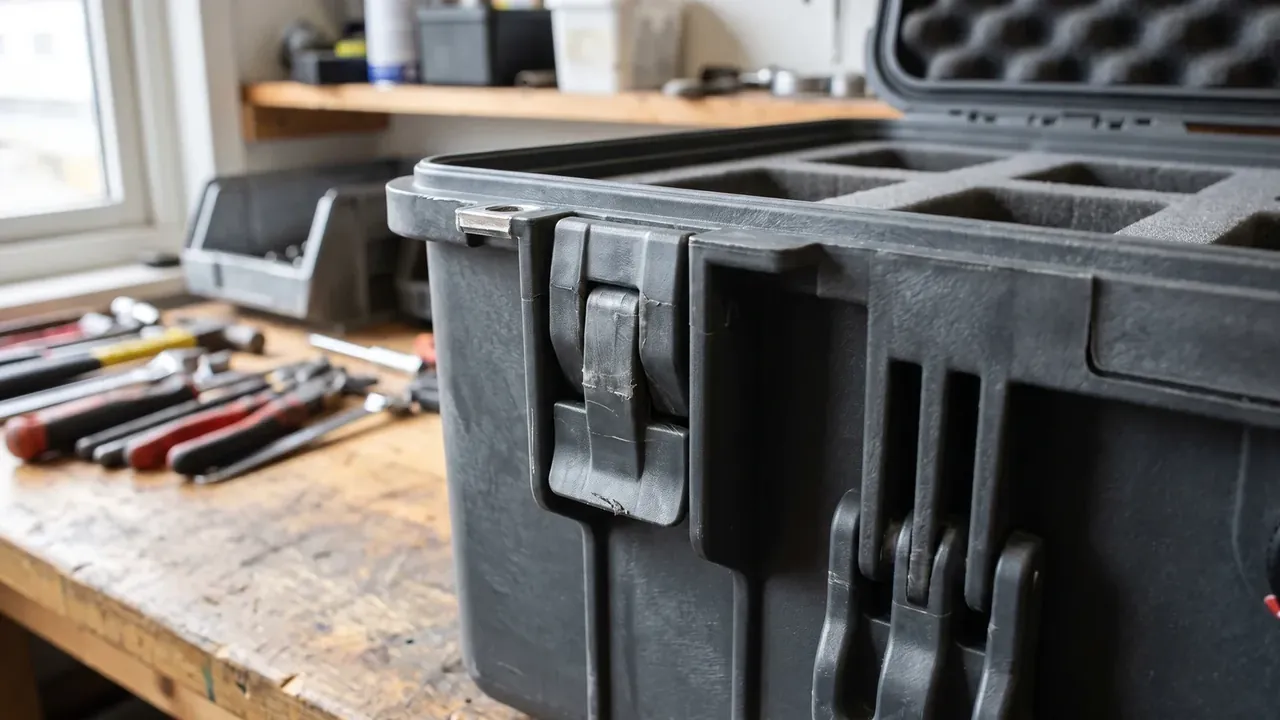 Foam Cutting: a black case open on a wooden bench showing square foam cavities, two latches on the side, screwdrivers scattered behind.