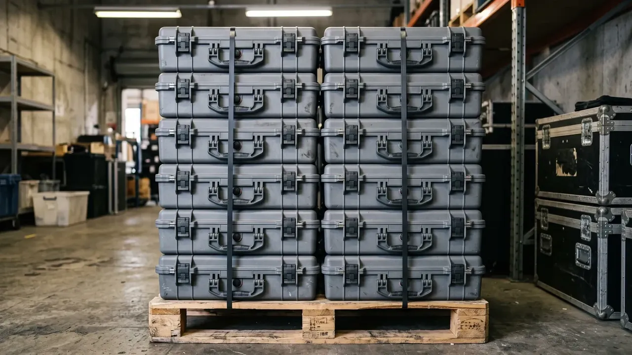 Foam Cutting: two grey hard case columns stacked six high on a timber pallet, black straps down the stack, racking and a forklift behind