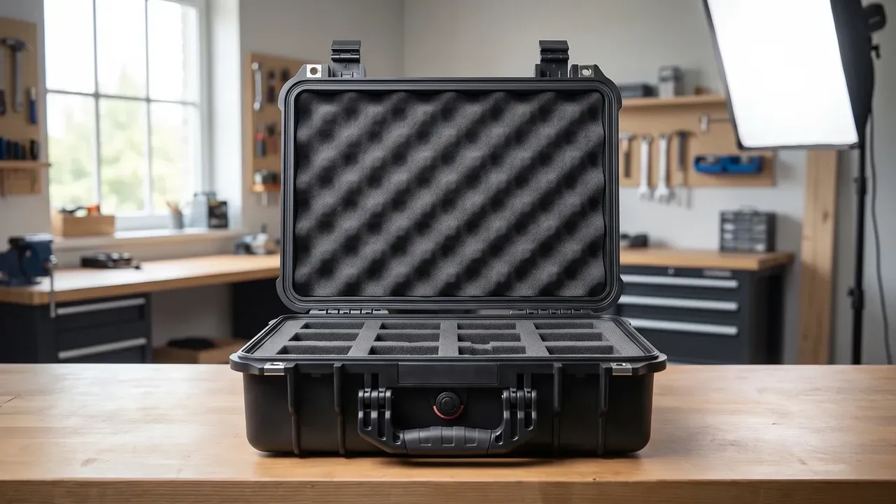 Foam Insert Installation: open black case on a bench, convoluted egg-crate foam inside the lid, precut foam grid in the base, latches open