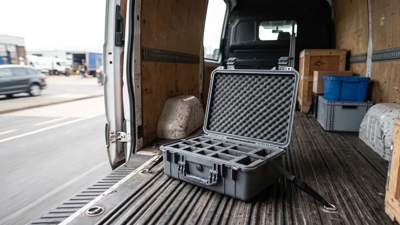 Foam Inventory Management: a grey hard case open inside a van cargo bay, egg-crate foam in the lid, empty cubed base, dark straps and latches