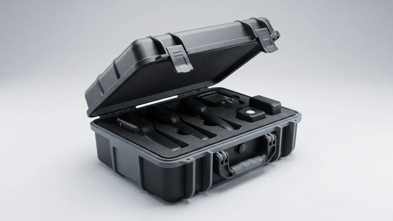 Foam Inventory Management: a half-open black case on a pale grey backdrop, light grey foam with grip-shaped cutouts, a small black meter and a box