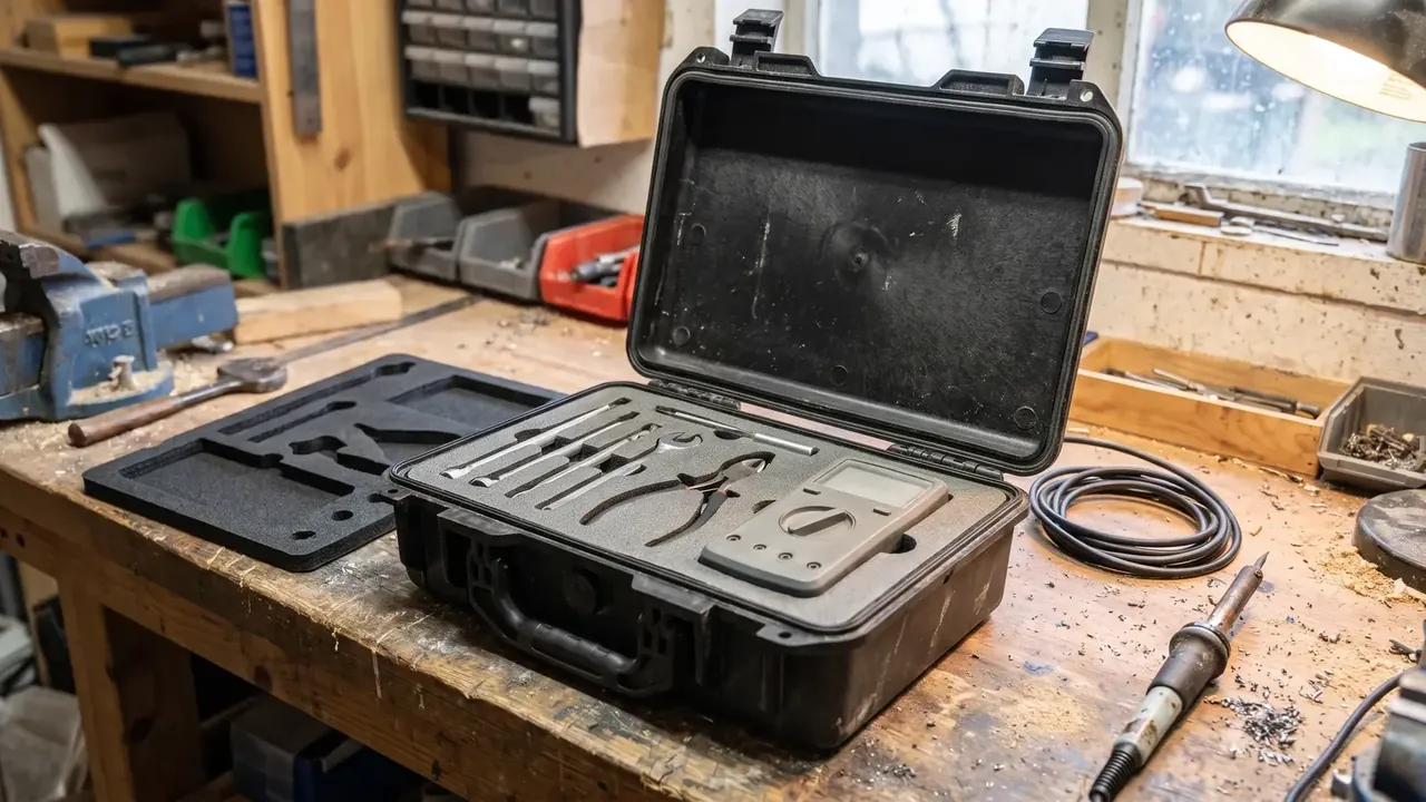 Foam Inventory Management: black case open on a workbench, tools in die-cut foam, a loose foam tray flat at left, a vice behind