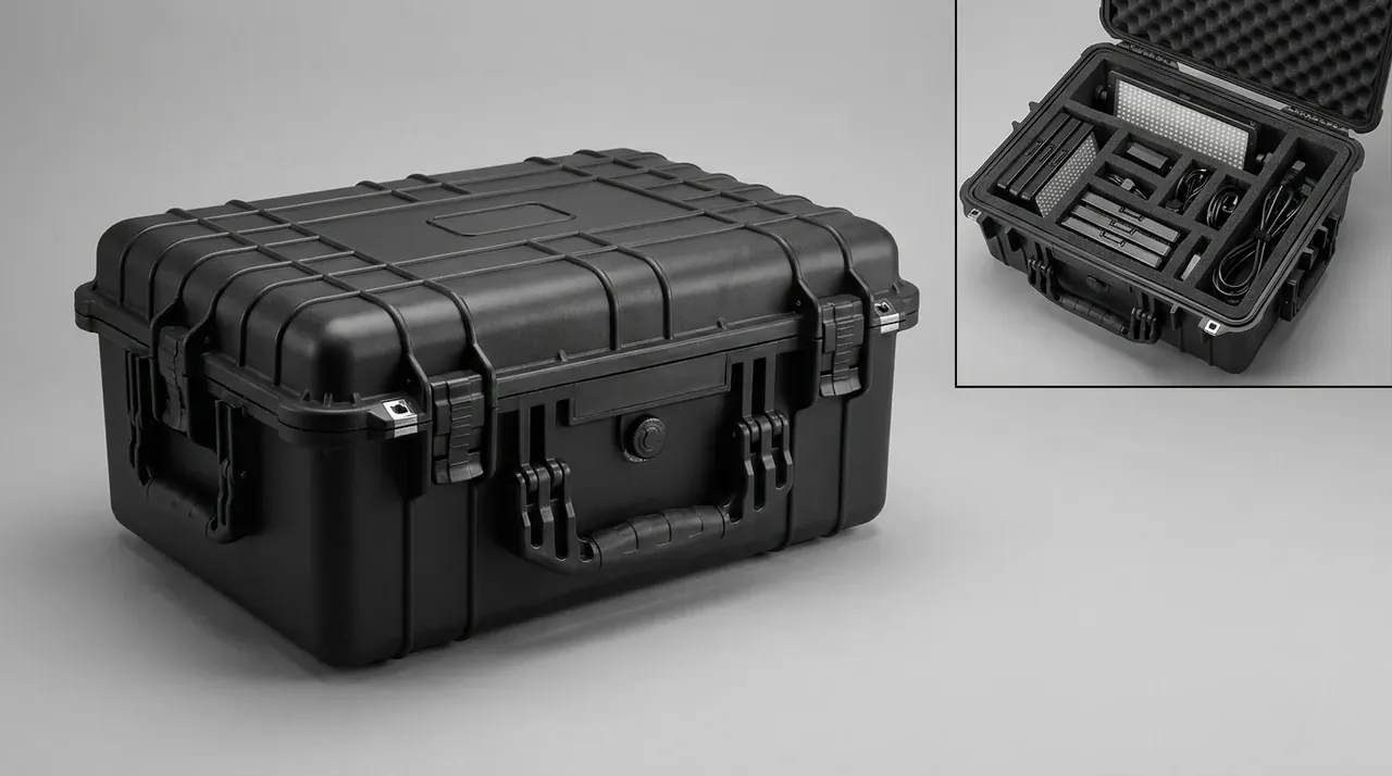 Food-Grade Protective Case closed in a studio, ribbed black lid, two latches, folding handle, inset photo showing the open foam tray