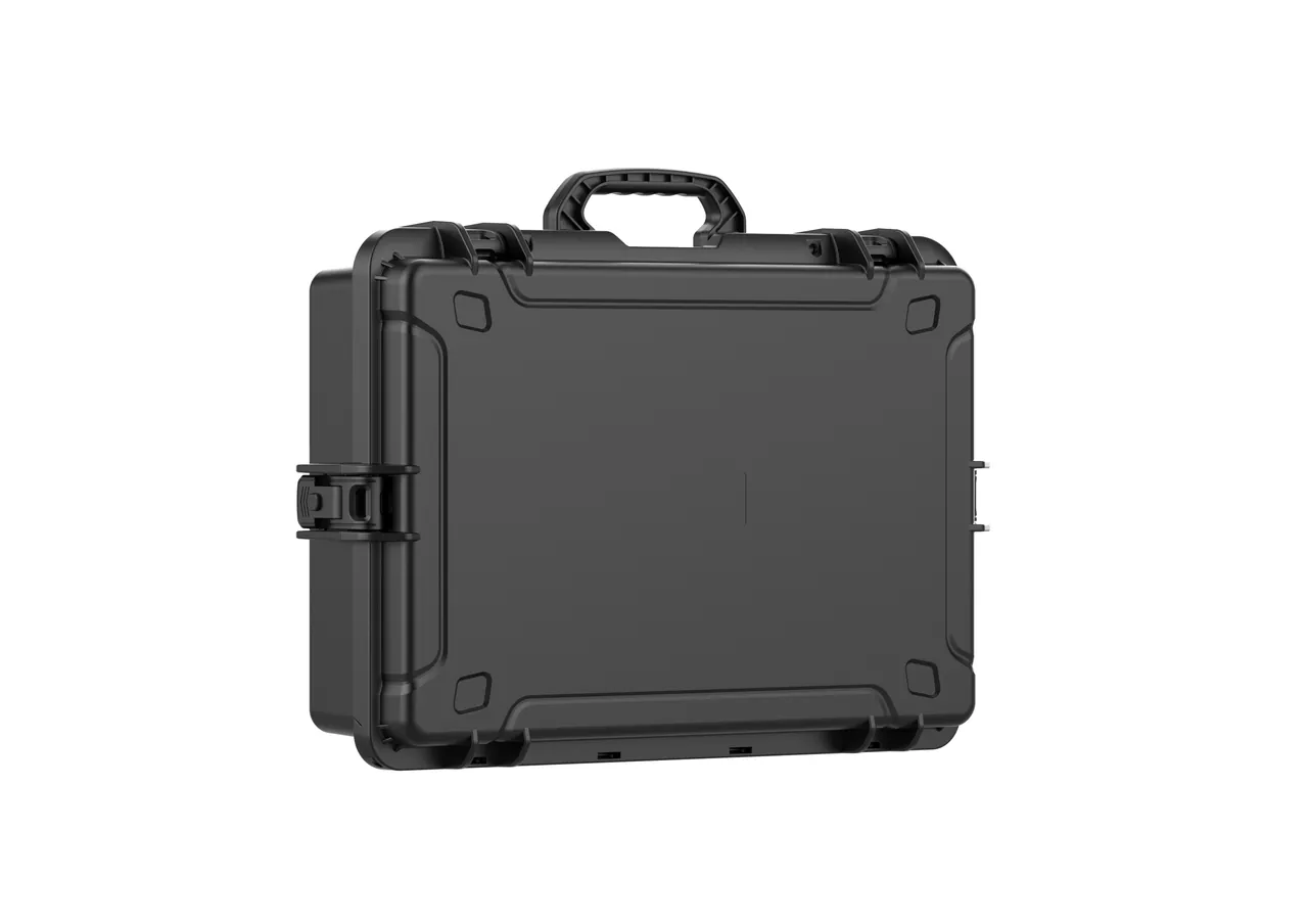 Detail of a footwear sample case showing perimeter gasket, full-width metal hinge, two-action draw latch and seal eyelet