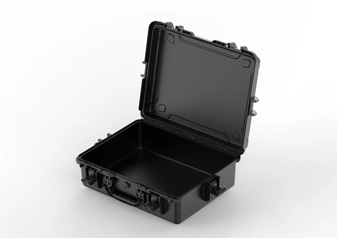 Custom cabinet standing upright in a frame case with diagonal bracing and hardware removed into labelled separate compartments