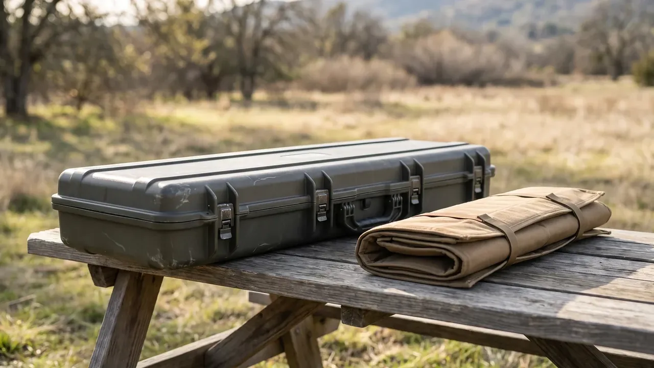 Fuze Pack Assembly: olive case on a weathered picnic table, four latches across the front, scuffed corners, rolled khaki canvas beside it, dry grass slope