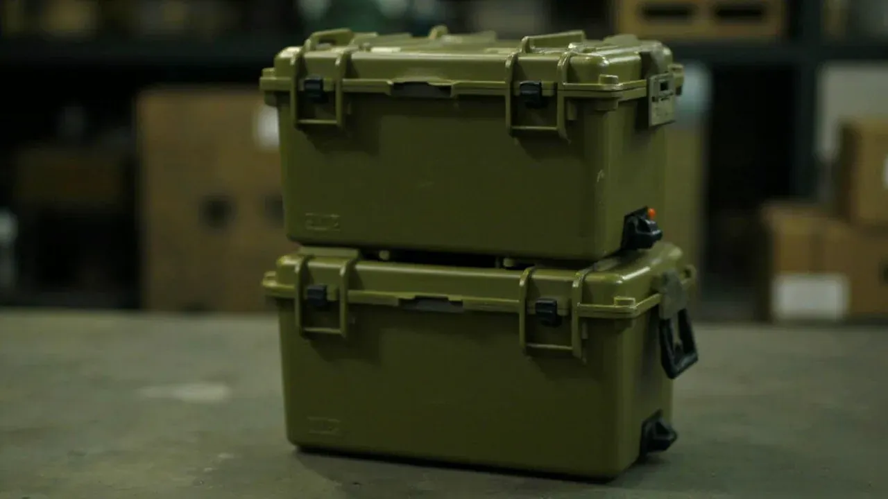 Two cases stacked, lid groove onto floor feet