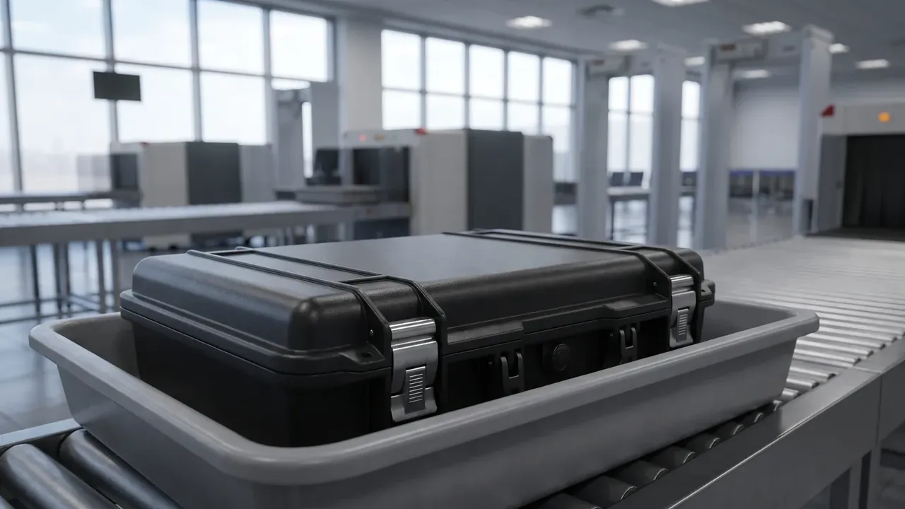 Fuze Pack Assembly: a black case in a grey security tray on a conveyor, two metal latches facing out, screening lanes behind