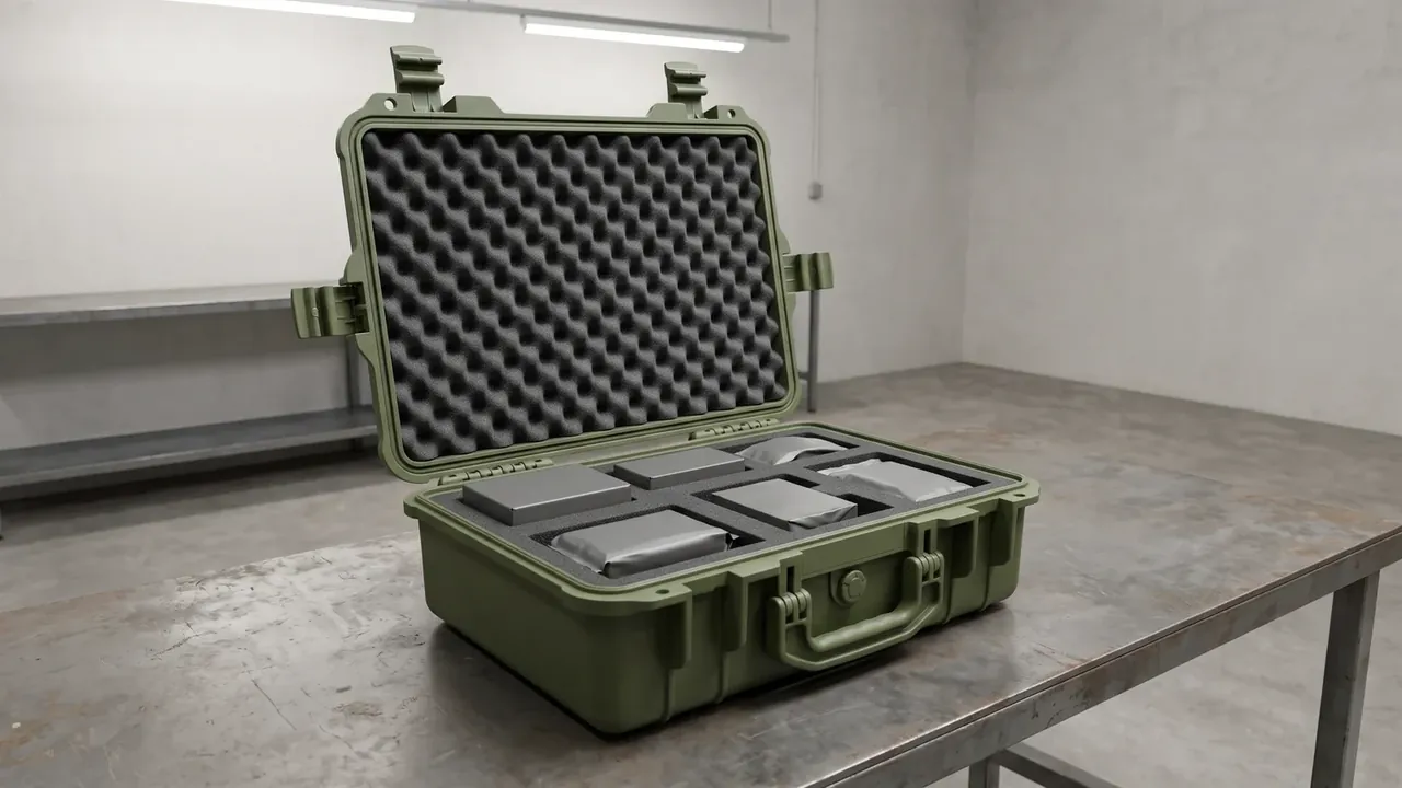Fuze Pack Assembly: olive case open on a steel bench, egg-crate foam in the lid, six base cavities with grey wrapped blocks, white walls, shelving