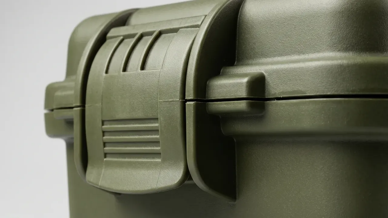Gear Case: olive green corner close up, one wide ribbed cam latch over the lid seam, hook seated in a side pocket, matte texture