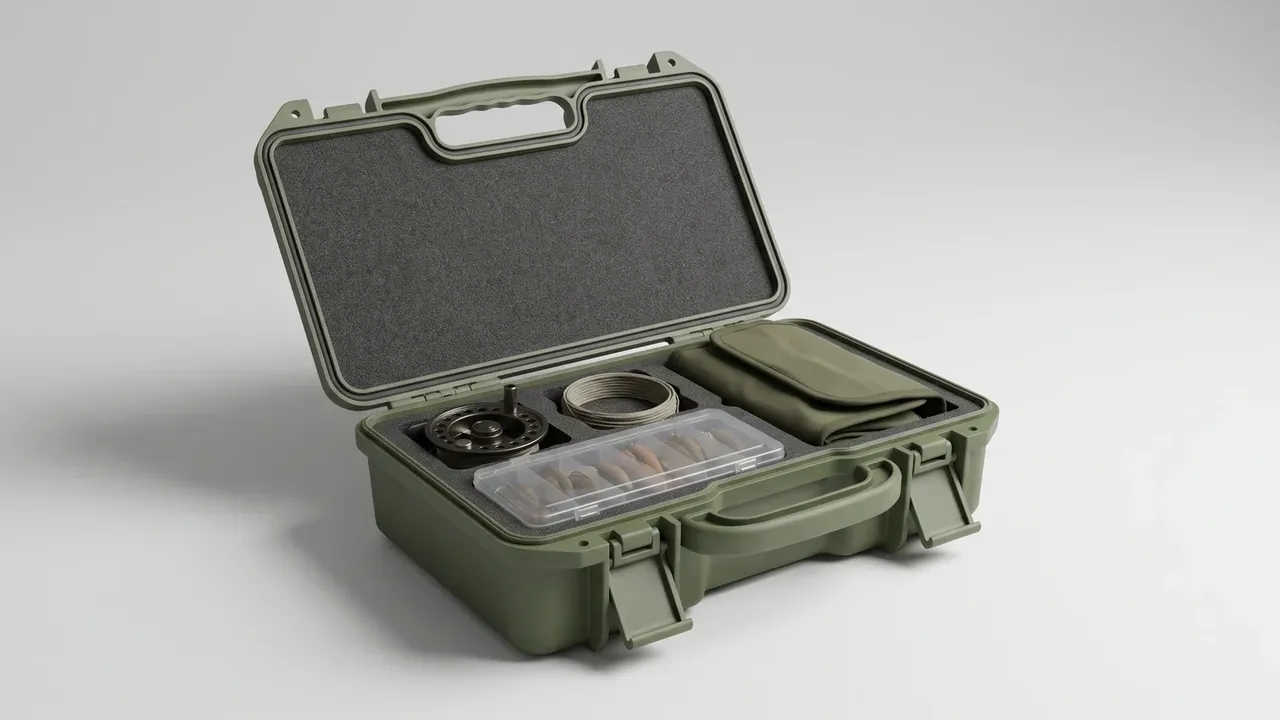 Gear Case: olive green body with dark grey foam, flat pad inside the lid, base cut for a round reel, coiled strap and fabric pouch