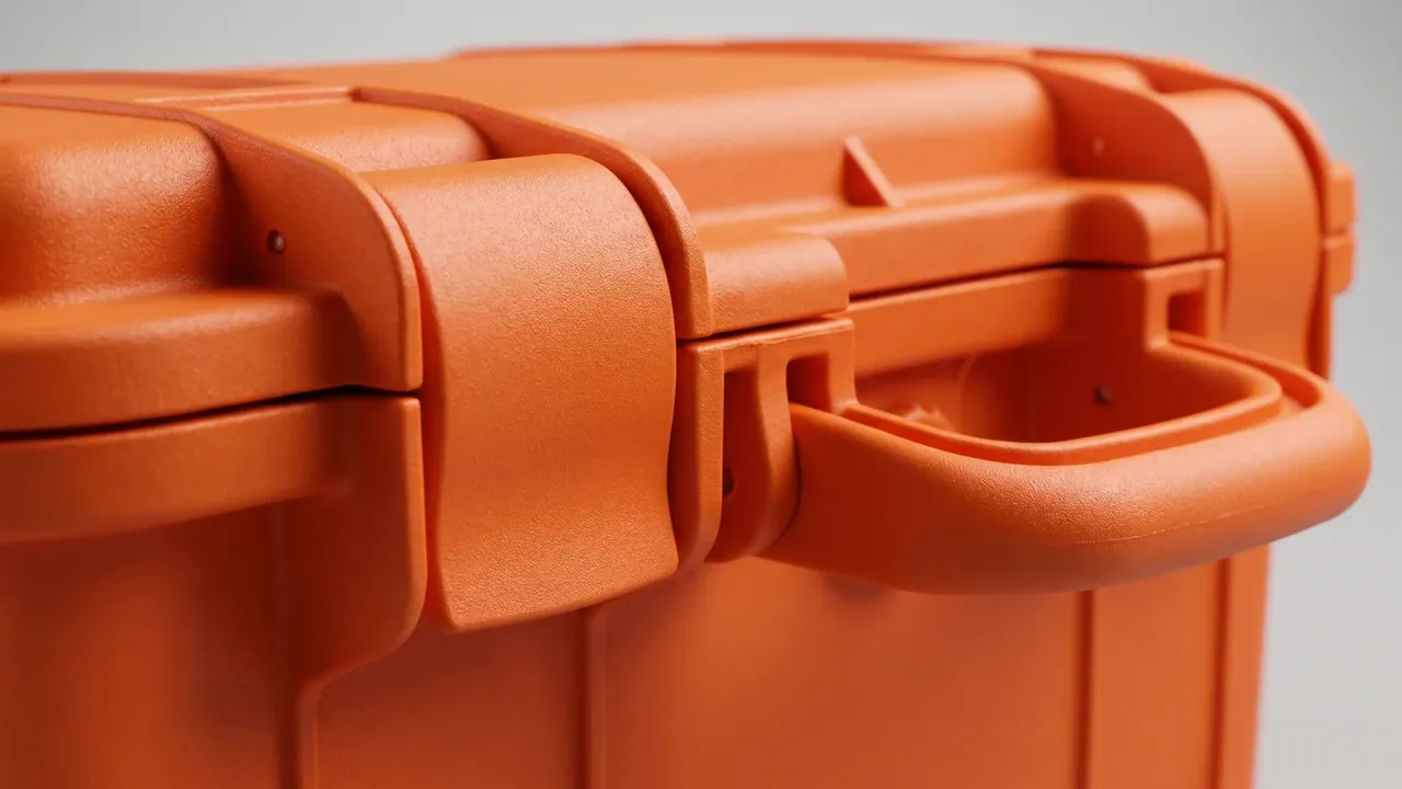 Gear Case: orange front wall close up, one cam latch seated on a raised keeper, hinge barrel and moulded handle at right