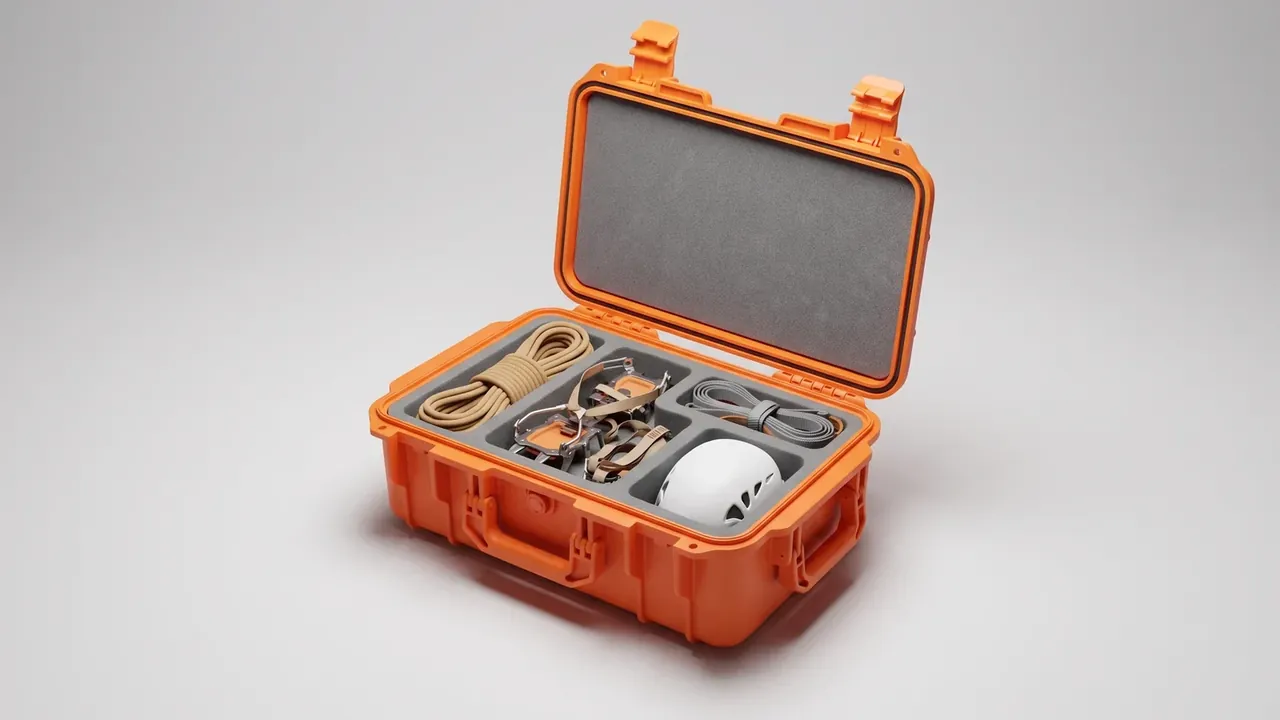 Gear Case: orange lid lined with grey foam, base foam holding a coiled rope, buckles, coiled cable and a white round object