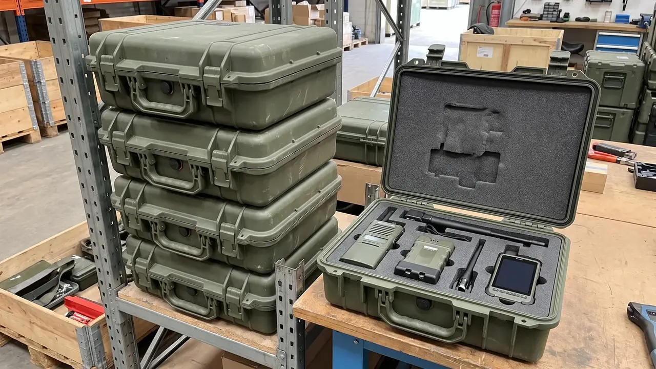 Four green cases stacked on a steel rack, radio case open nearby