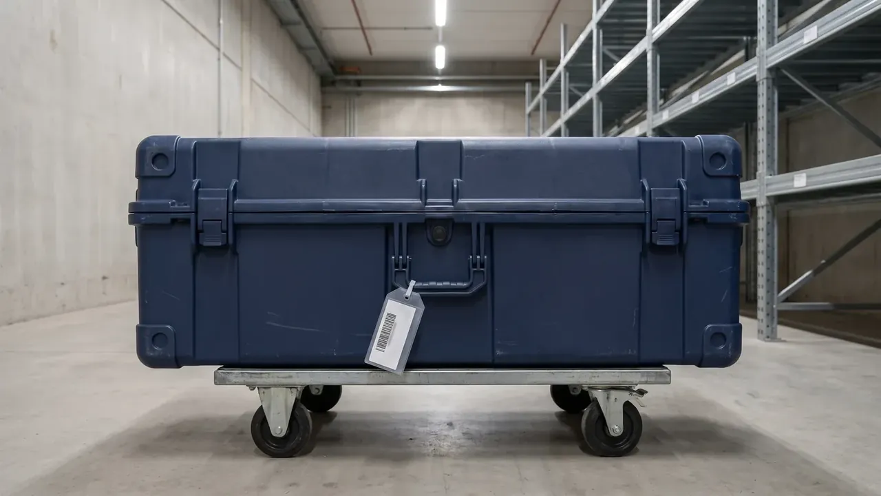 Navy case with barcode tag rides a four-wheel dolly in an empty aisle
