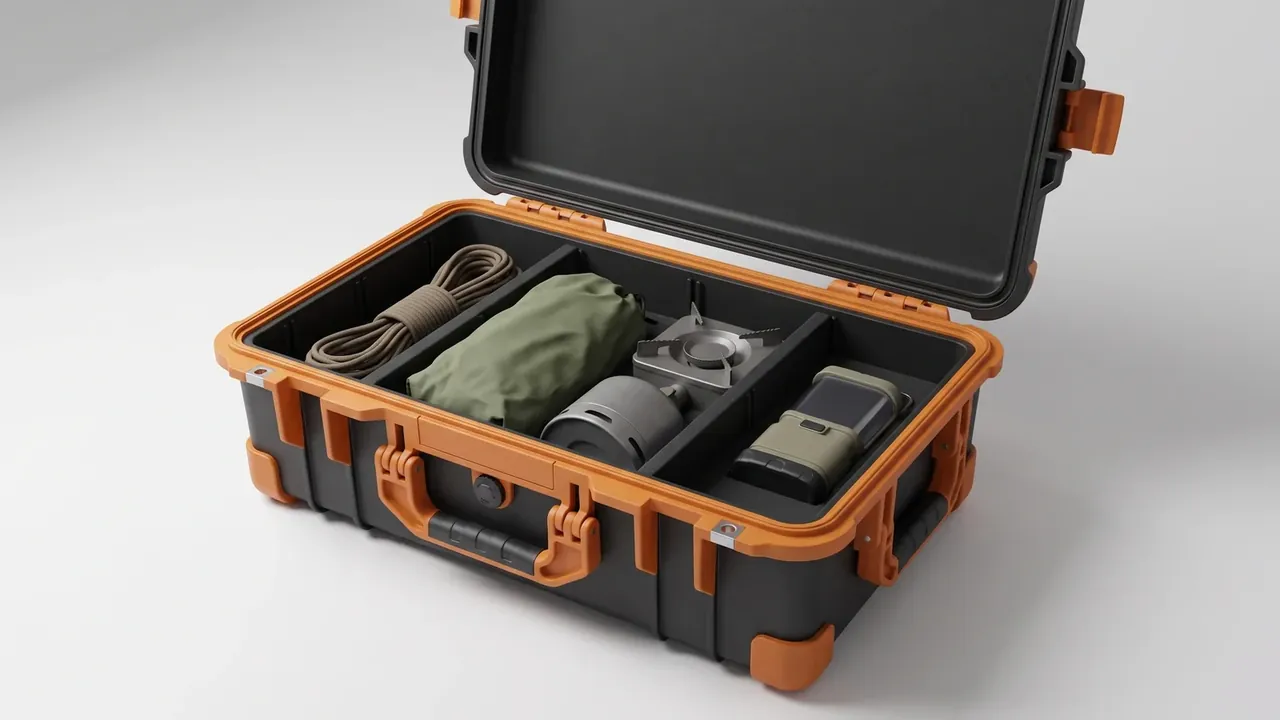 Gear Case: a black case open upright, orange catches, grey dividers forming four bays with coiled rope, an olive pouch and a grey cylinder