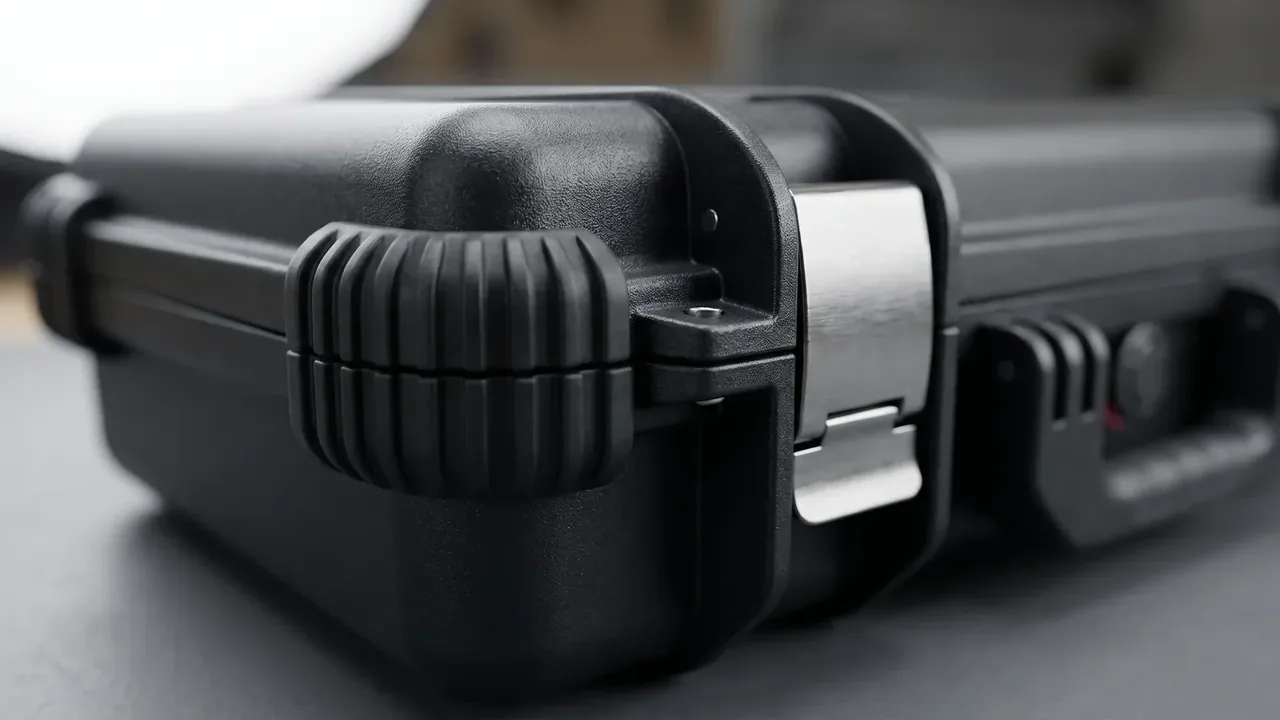 Gear Case: corner close-up of a black case body, one ribbed latch clamped over the lid edge, a polished stainless hinge on the right
