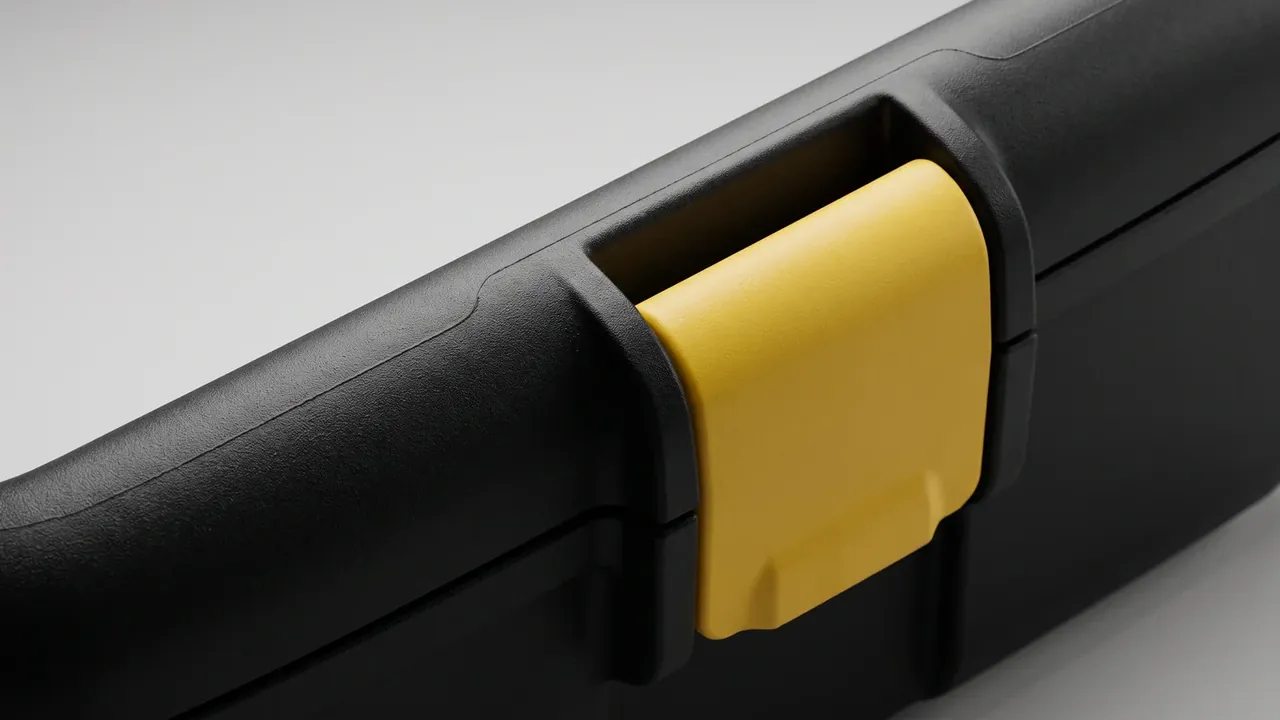 Gear Case: close view of a black corner, a wide yellow latch seated in a recess and pressed down, the parting line running along the edge, fine pebbled texture
