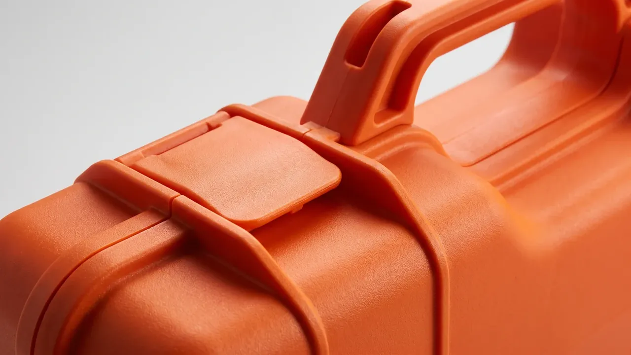 Gear Case: a close view of the moulded handle fused to the orange wall, an open latch below it with ribs on seat and tongue