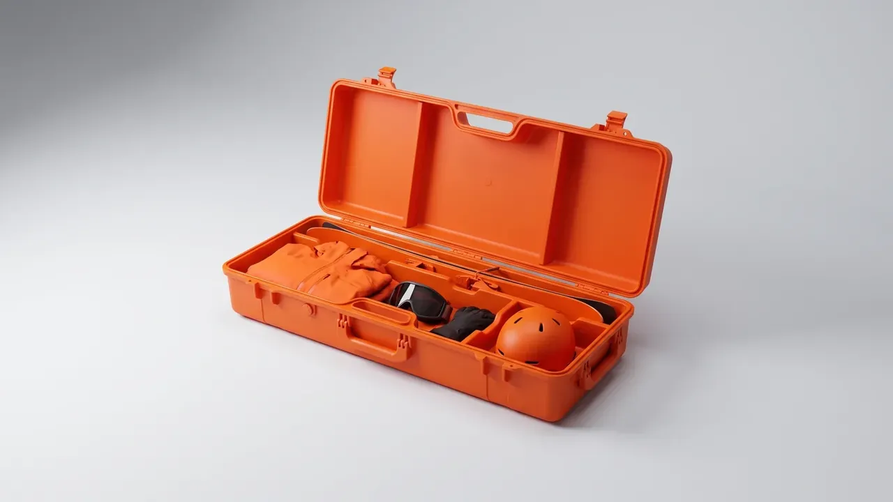 Gear Case: an orange case open upright, ribs and a handle slot in the lid, an orange jacket, black gloves and an orange helmet inside