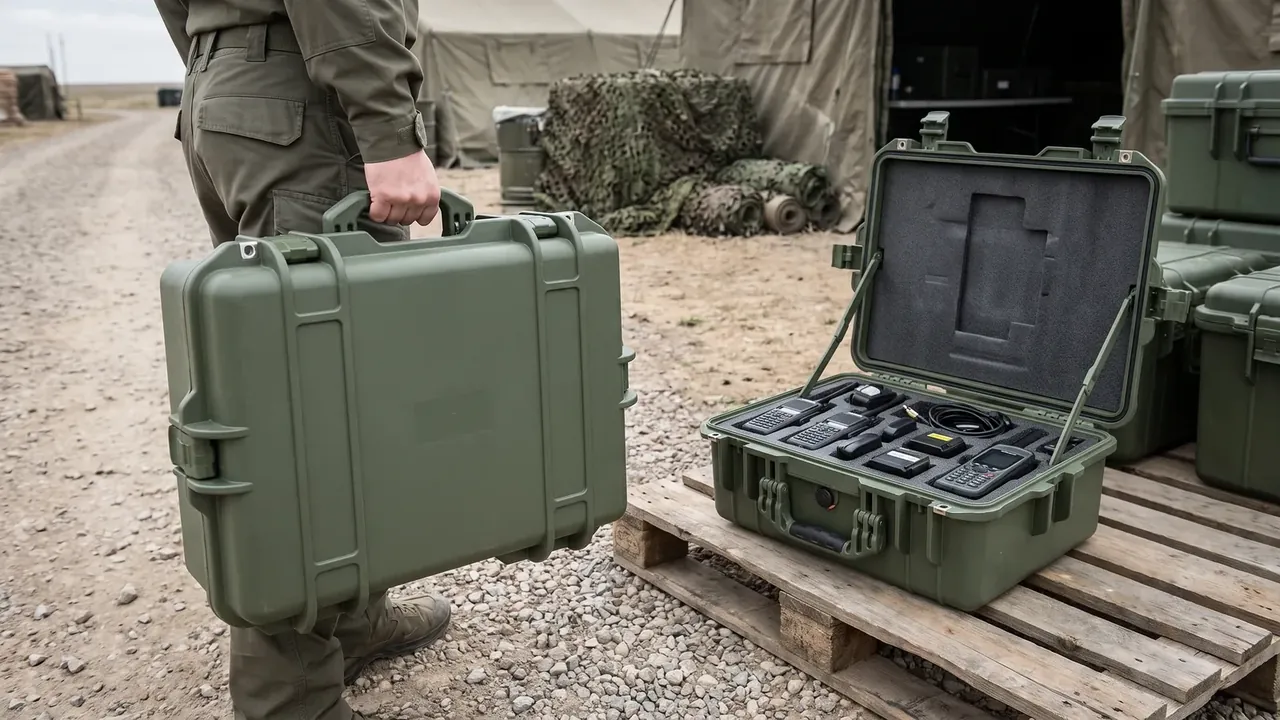Uniformed figure grips a green case beside an open kit case on gravel