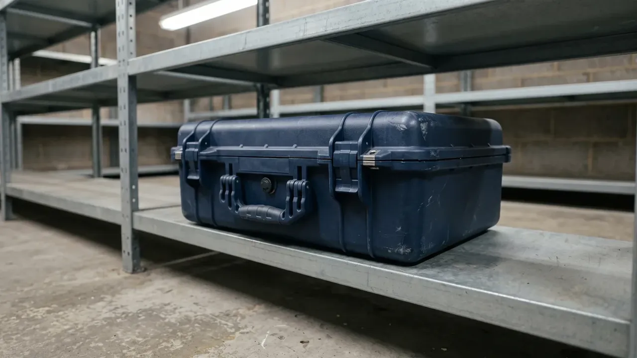 Scuffed navy case resting on a galvanized shelf in an empty rack