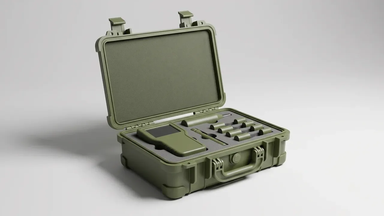 Global supplier of plastic tool boxes: olive green case open on pale grey, full grey foam pad in the lid, tool-shaped cutouts below