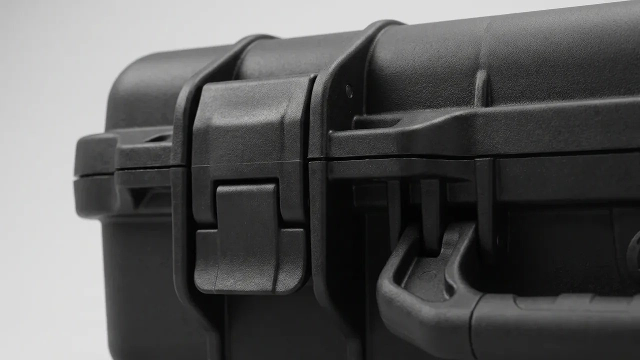 Global supplier of plastic tool boxes: close view of a black case flank, two latches closed on the rim, ribbed seats, folding handle at right