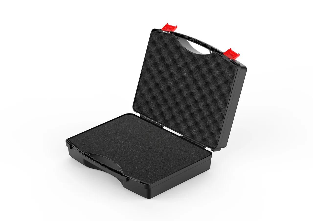 Instrument case opened at a silo field test point with an isolated reagent compartment