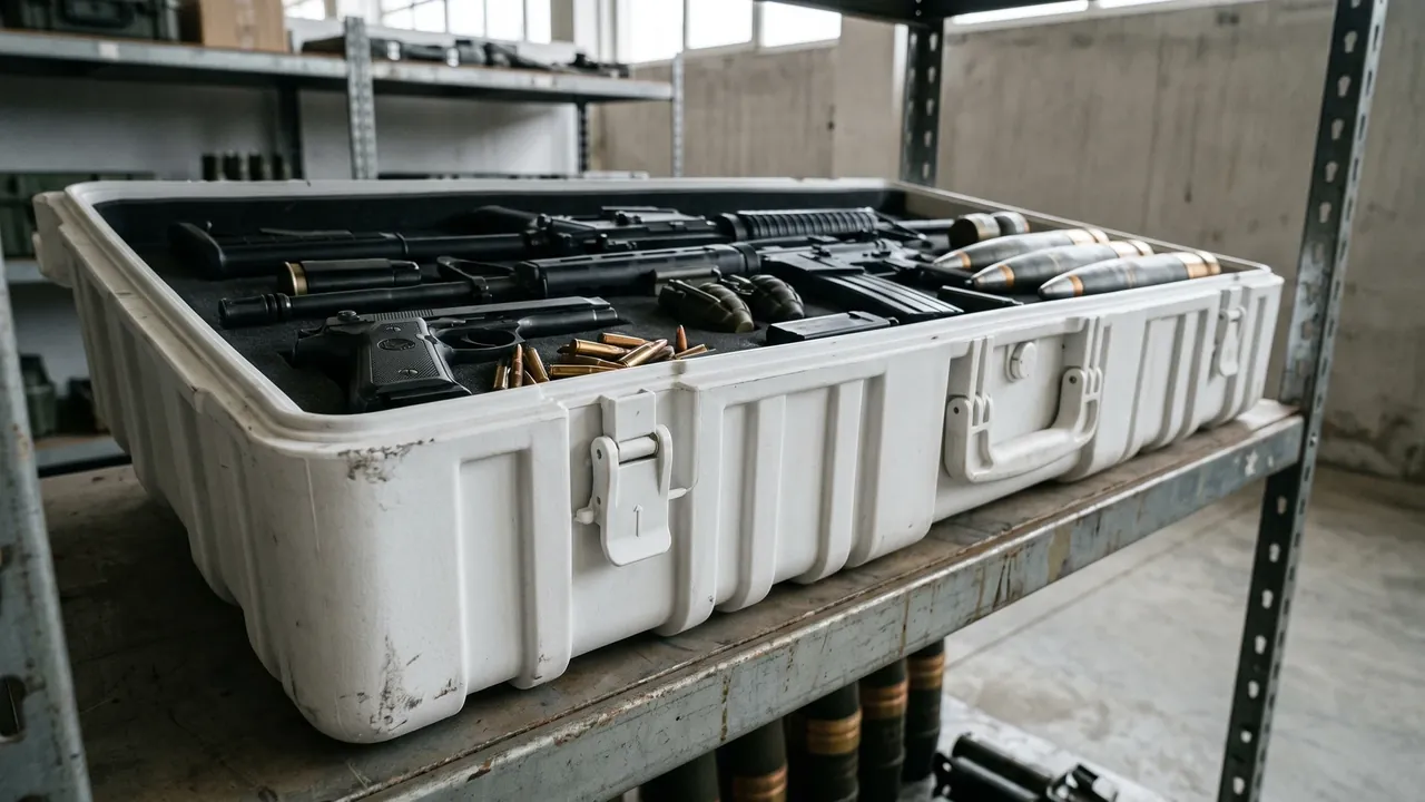 Custom grenade transport case used in the Drop and Vibration Bench Validation stage for irregular-body transport case
