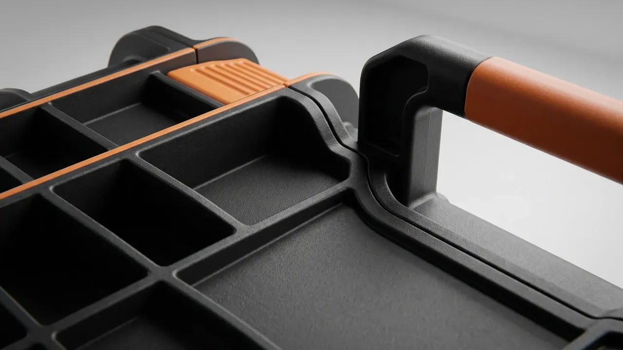 ground support case lid seen from above, an orange trim strip along the rim, an orange grip on the folding handle and six moulded compartments