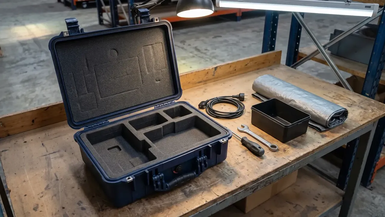 Gun Case: a dark blue case open on a workshop bench, black foam with cut pockets in the lid, wrench and cable beside it