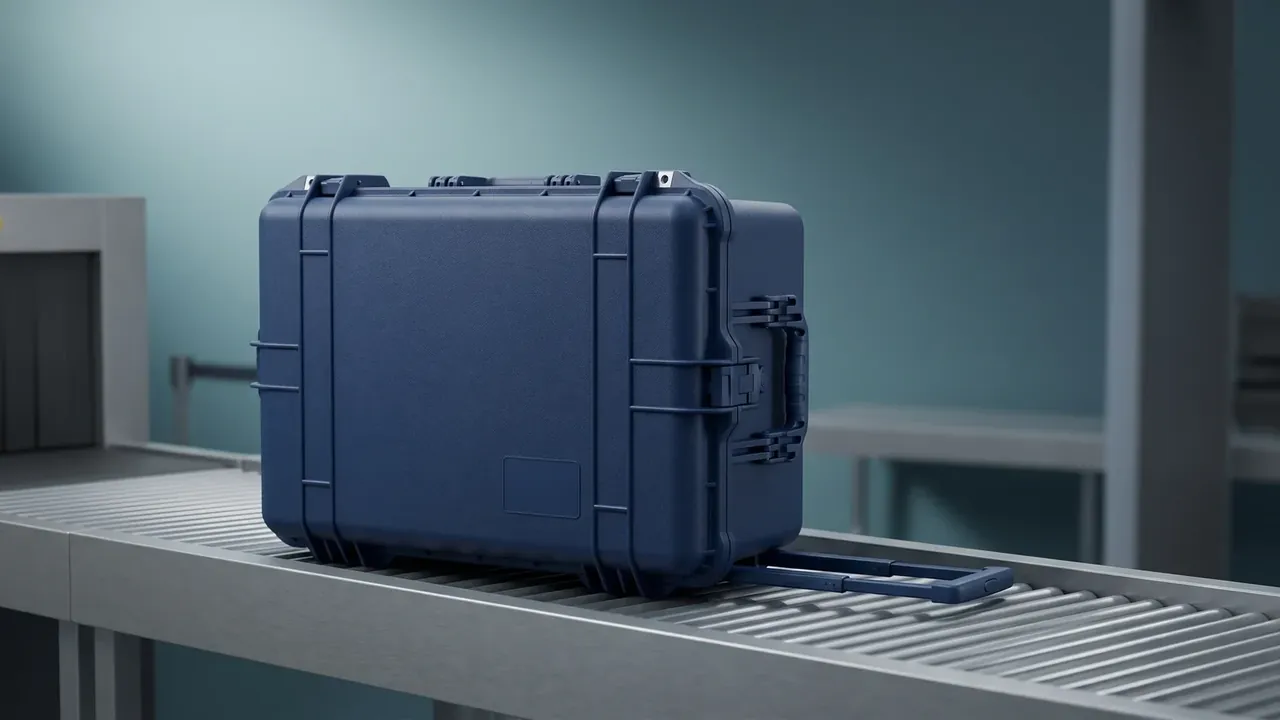 Gun Case: a closed navy case on an aluminium roller table, telescopic handle out, blank label plate on the front