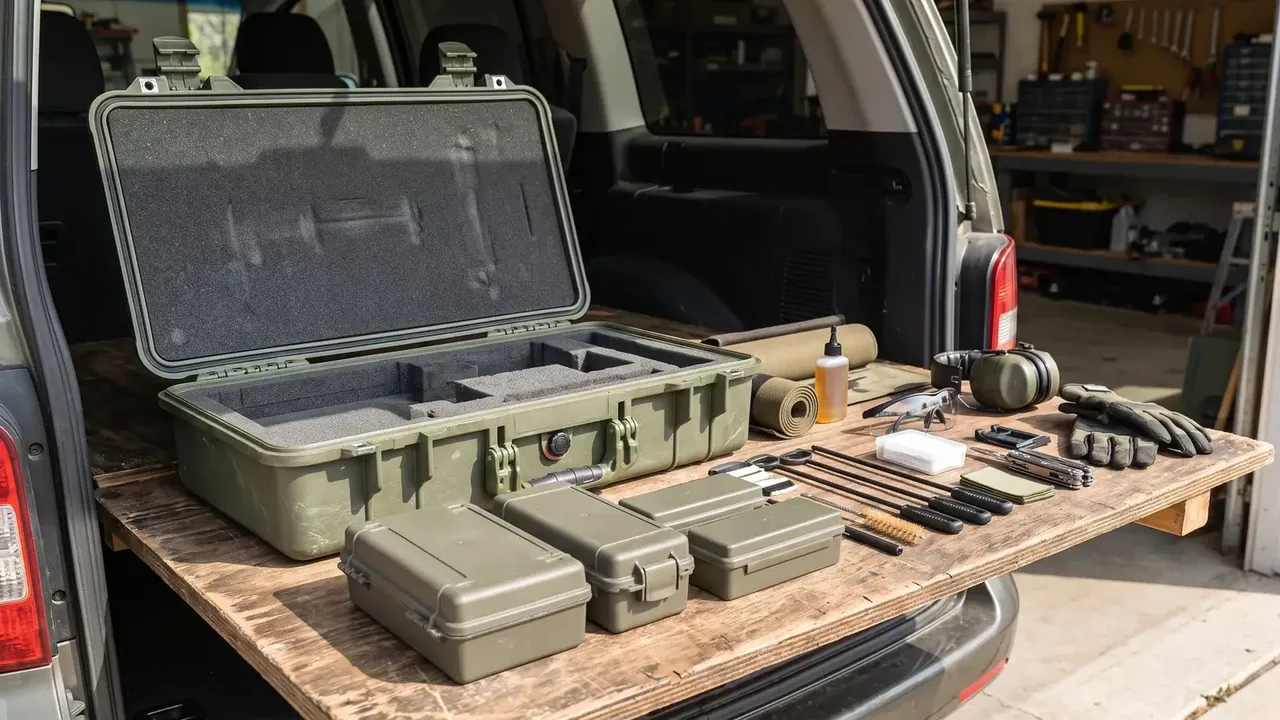 Gun Case Production: olive long case open on a plywood bench in a van, three small green boxes, cleaning rods, brushes and gloves beside it