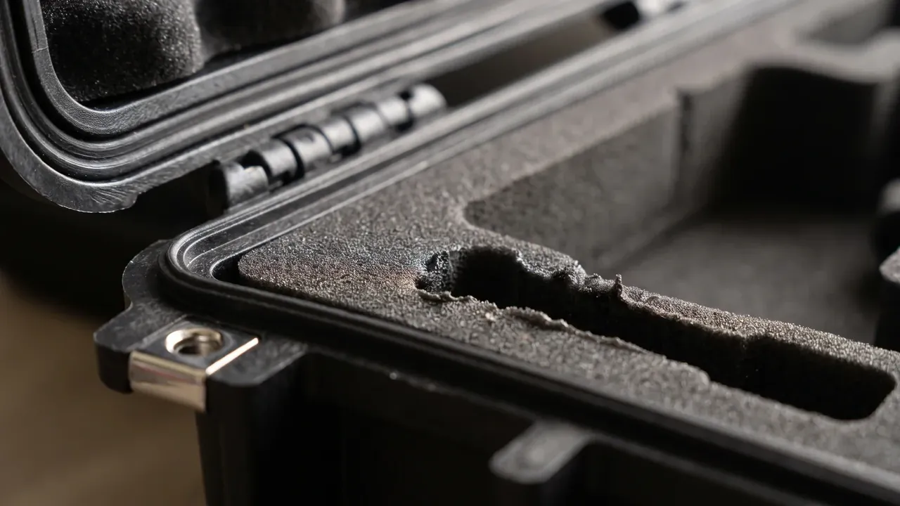 Gun Case Production: corner close-up, black rim, seal lip and hinge pin, foam slot with a torn edge, steel insert at lower left