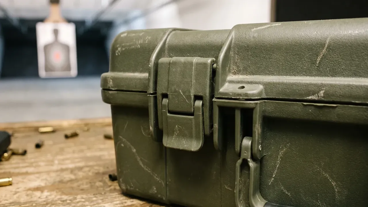 Gun Case Production: close-up of an olive drab case corner, one latch clamped on the seam, scuffed surface, paper target and spent brass behind