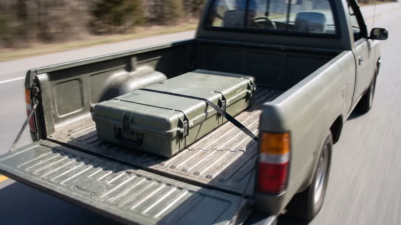 Gun Case Production: olive green long case flat in a moving pickup bed, two black straps crossed over the lid, ribbed floor underneath