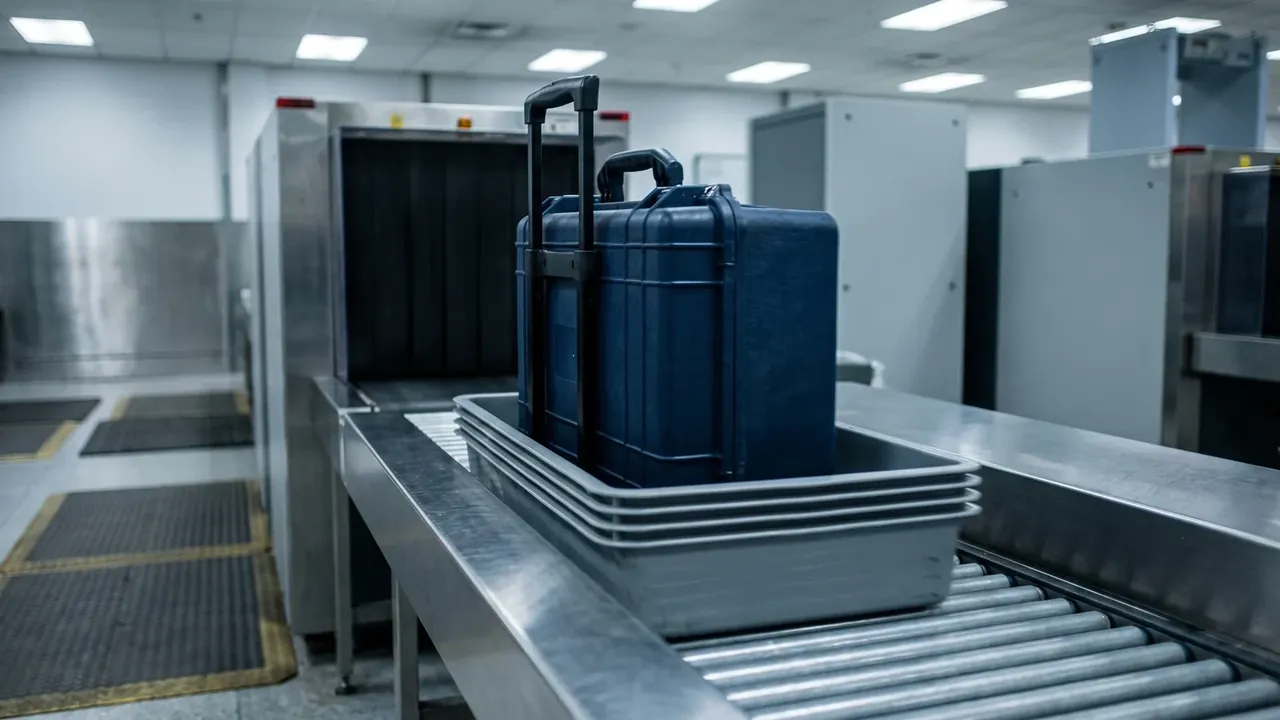 Gun Case: a navy hard case upright in a grey tray inside a white security lane, telescopic handle raised, roller conveyor and yellow-edged floor mats