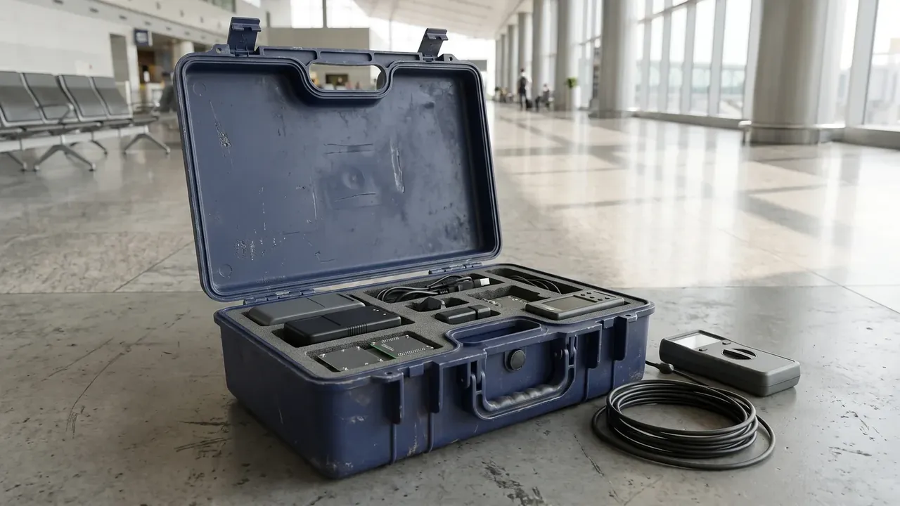 Hand Carry Hard Case: navy case open on an airport floor, black foam trays holding modules and cables, scuffed lid interior, coiled cable beside it