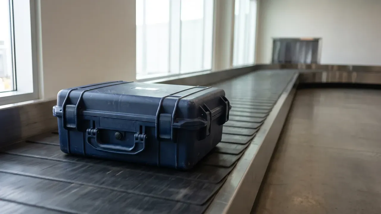 Hand Carry Hard Case: closed navy case on an airport baggage conveyor, two latches and a folding handle facing out, pale windows behind