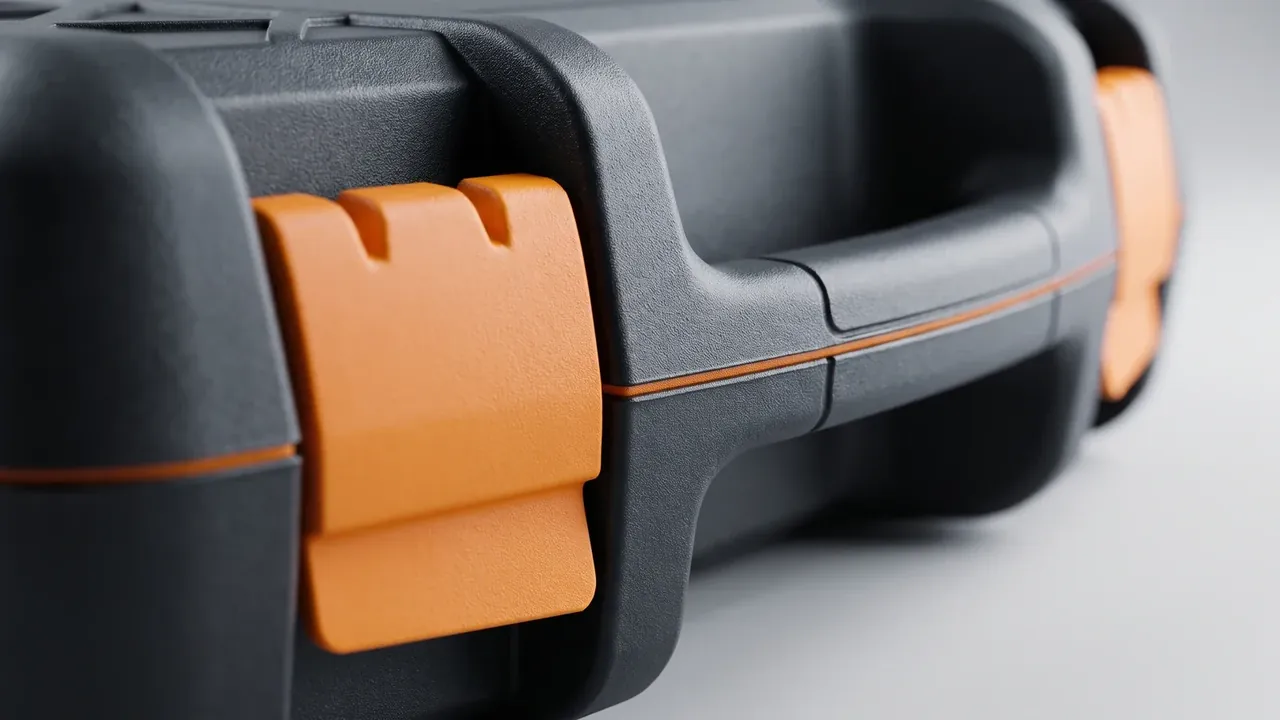 Hand Tools Case: close-up of a black case, two orange latches one sharp and one blurred, an orange gasket line along the lid joint
