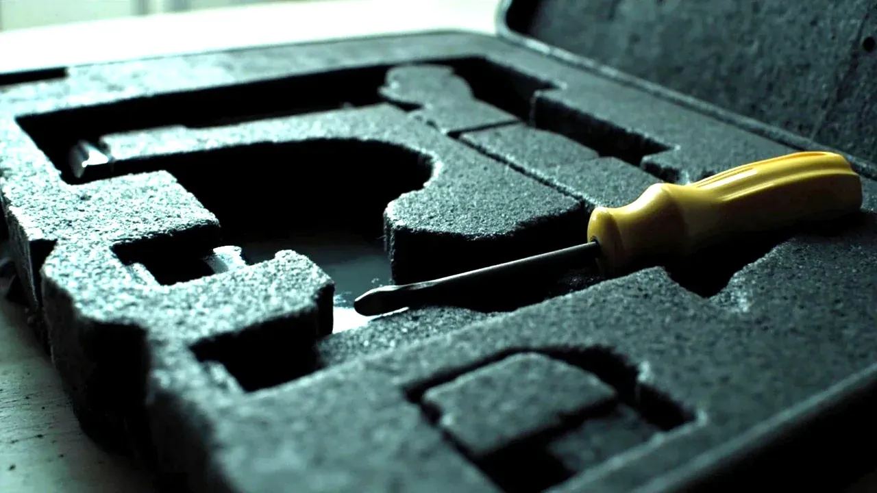 Close-up of a hand tool case foam cut-out shaped around a screwdriver handle