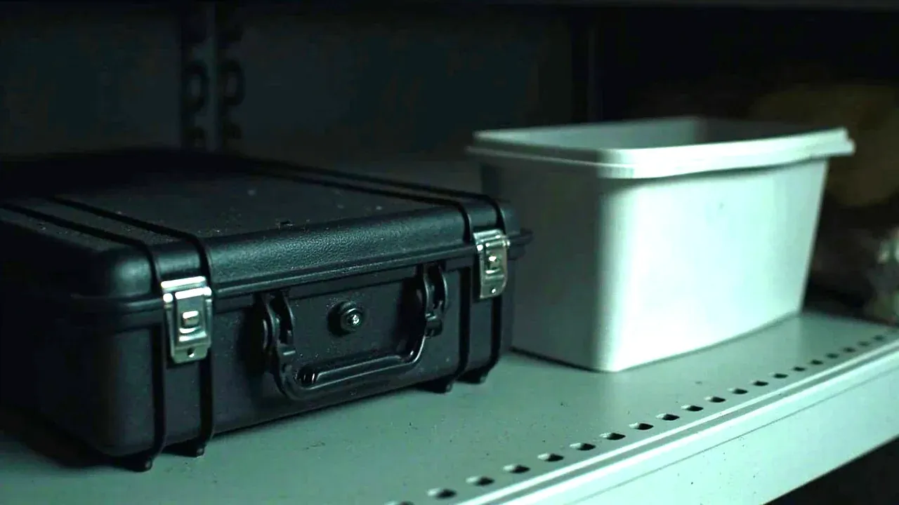A closed hand tool case beside a plain plastic storage bin, comparing organisation levels