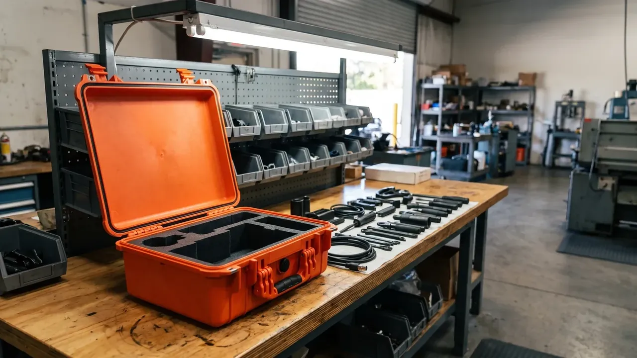 Hand Tools Case: orange case open on a wooden bench, empty black foam pockets, two front latches, grey bin racks behind, shelving and lathe beyond