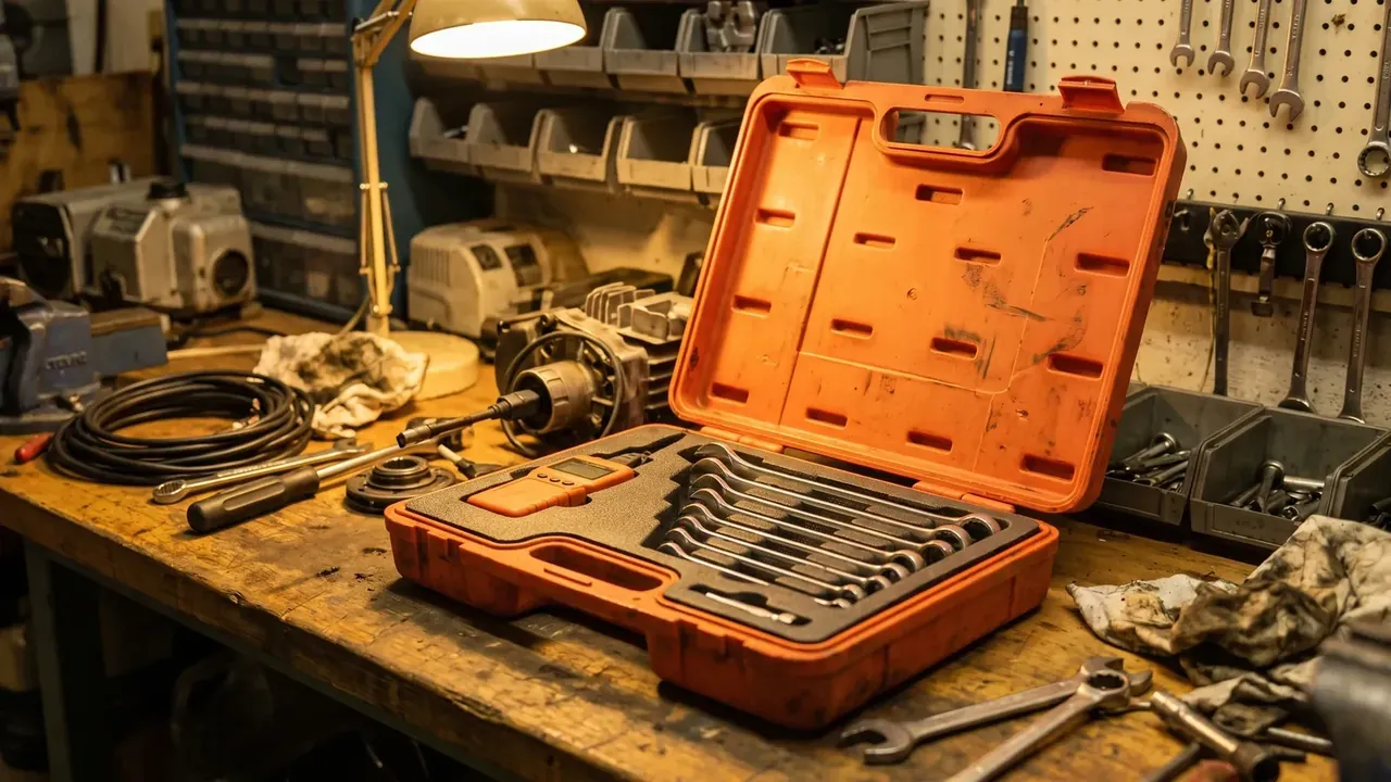 Hand Tools Case: orange lid fully open with moulded pockets, foam tray of open-end wrenches and an orange meter, wrench-covered pegboard, grinder at left