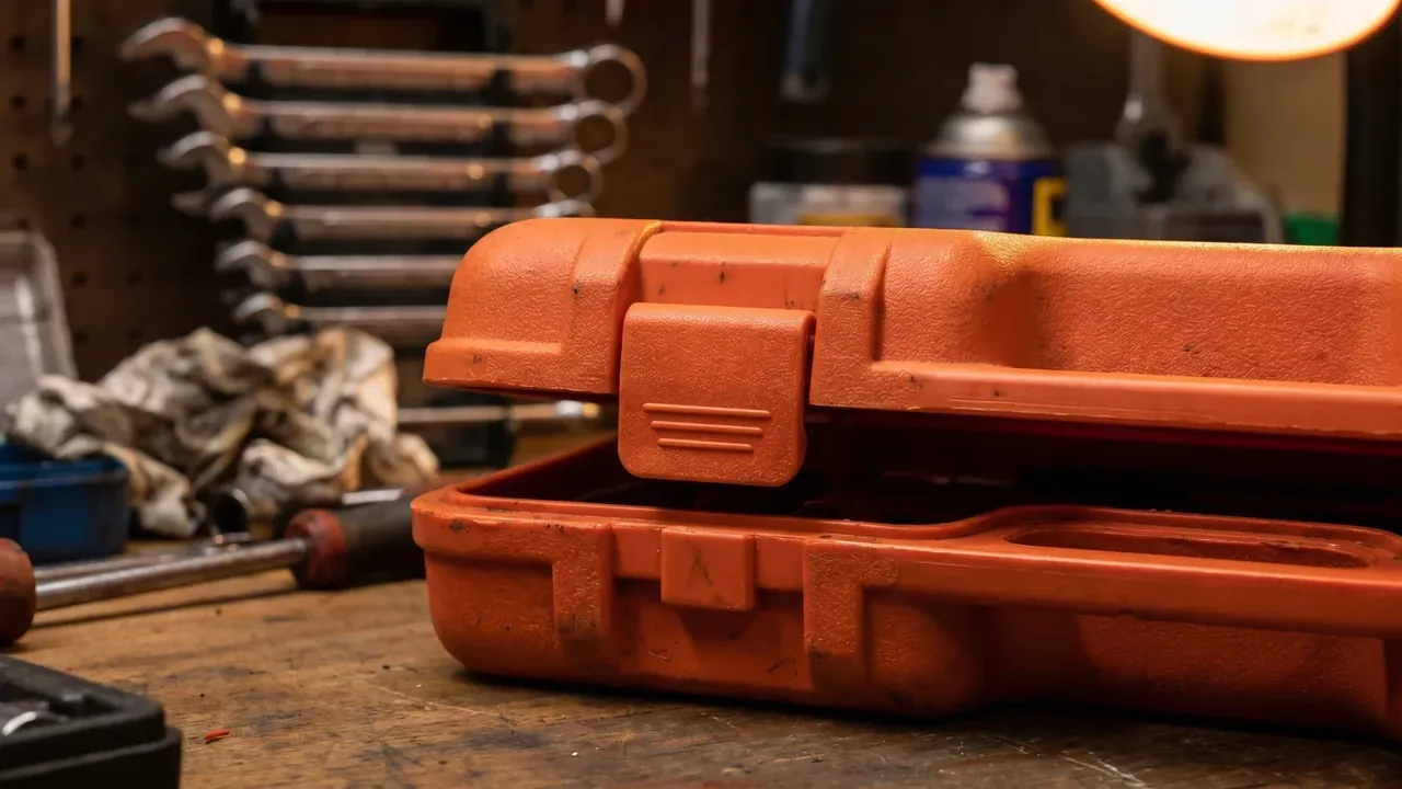 Hand Tools Case: orange case half open on a wooden bench, two latches up, chrome wrench pegboard behind, blue can and red driver