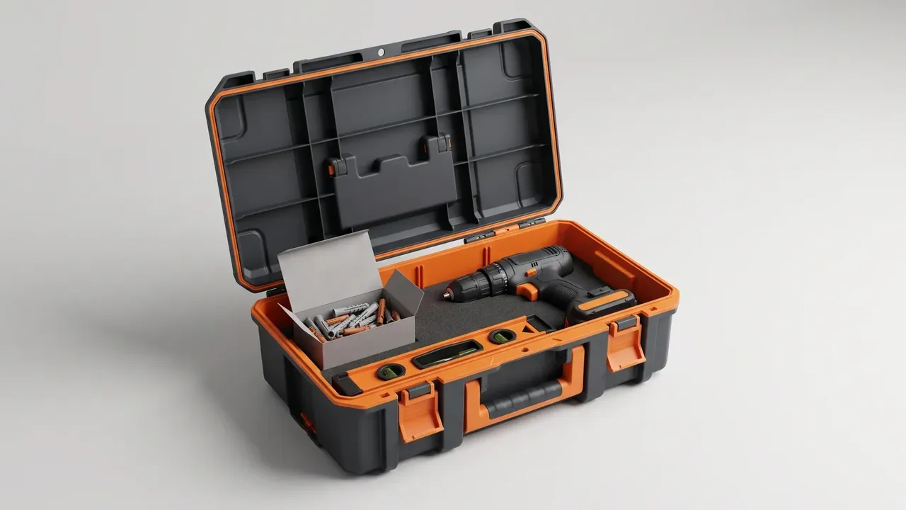 Hand Tools Case: grey and orange case fully open on a pale backdrop, ribbed lid, box of drill bits, cordless drill and tape measure