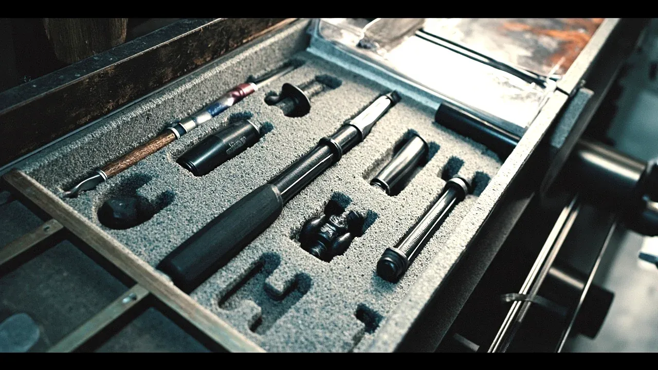 Two compartments compared: tools seated in foam cut-outs versus tools stacked loose